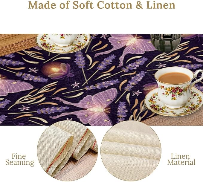 Purple Moth Table Runner,Retro Butterfly Flower Print Table Runner for Wedding Holiday Indoor Outdoor Party Home Decor 13x36in