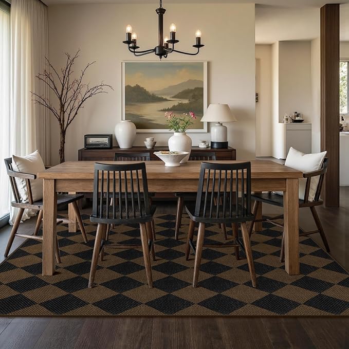 Easy Jute Coffee Checkered 5x7 Area Rug, Washable Modern Rugs for Living Room Non-Slip Diamond Bedroom Rug, Neutral Farmhouse Indoor Outdoor Carpet for Patio Dining Room Classroom