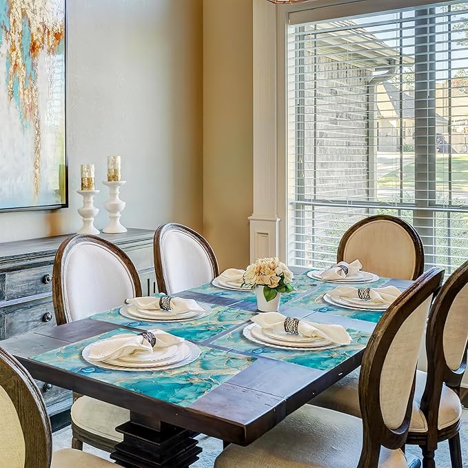Marble Placemats Set of 6,Blue Teal Turquoise Gold Table Mats Non-Slip Heat Resistant Washable Placemat for Party Kitchen Dining Table Decoration Indoor Outdoor