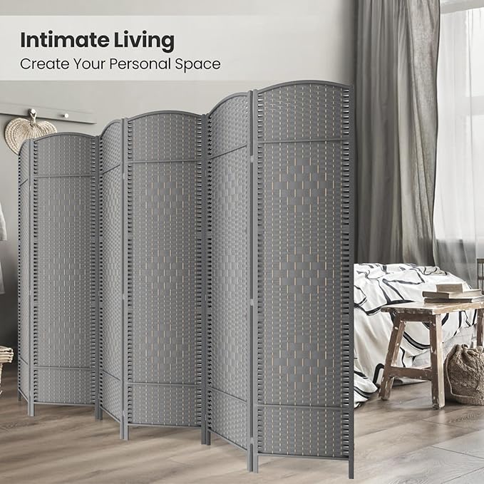 Folding Room Divider, Weave Fiber Privacy Screen, Extra Wide Room Screen Divider Separator, Decorative Separation Wall Divider, Freestanding Room (Grey, 6-Panel)