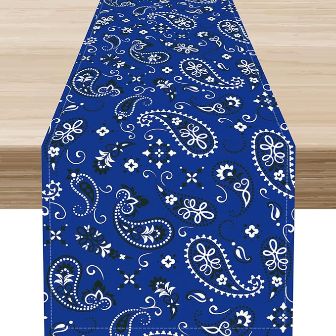 Blue Paisley Table Runner, Vintage Damask Antique Floral Flower Boho Damask Swirled Rustic Coffee Table Center Decor for Family Kitchen and Living Room Outdoor Table Decorations, 13"x36"