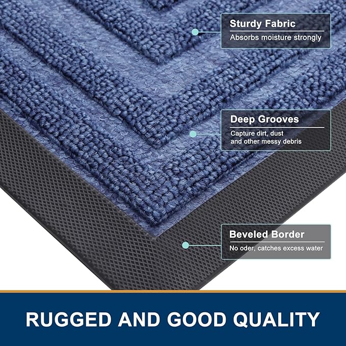 Buganda Front Door Mat Indoor Outdoor Entrance, Non-Slip Natural Rubber Doormats, Easy Clean, Low Profile, Dirt Trapper Entryway Floor Mats for Outside, Garages and Patios, 29.5x17, Blue