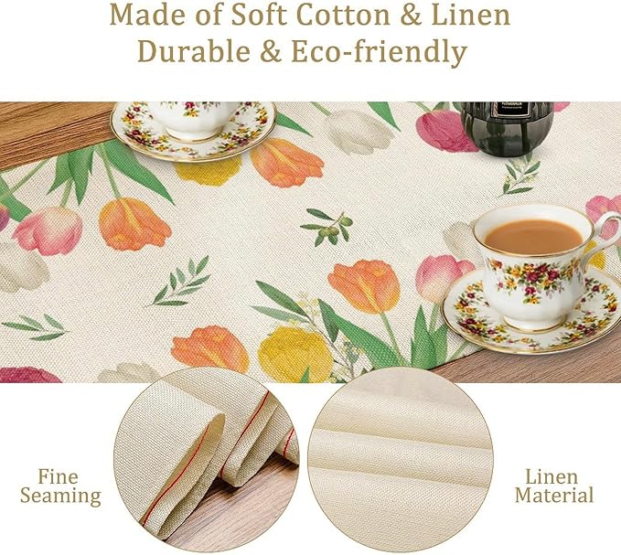 Tulips Spring Table Runner, Rustic Farmhouse Watercolor Botanical Colorful Tulips Olive Leaves Summer Garden Table Cover For Kitchen Dinning Table Indoor Outdoor Party Wedding Decor, 13x108inch