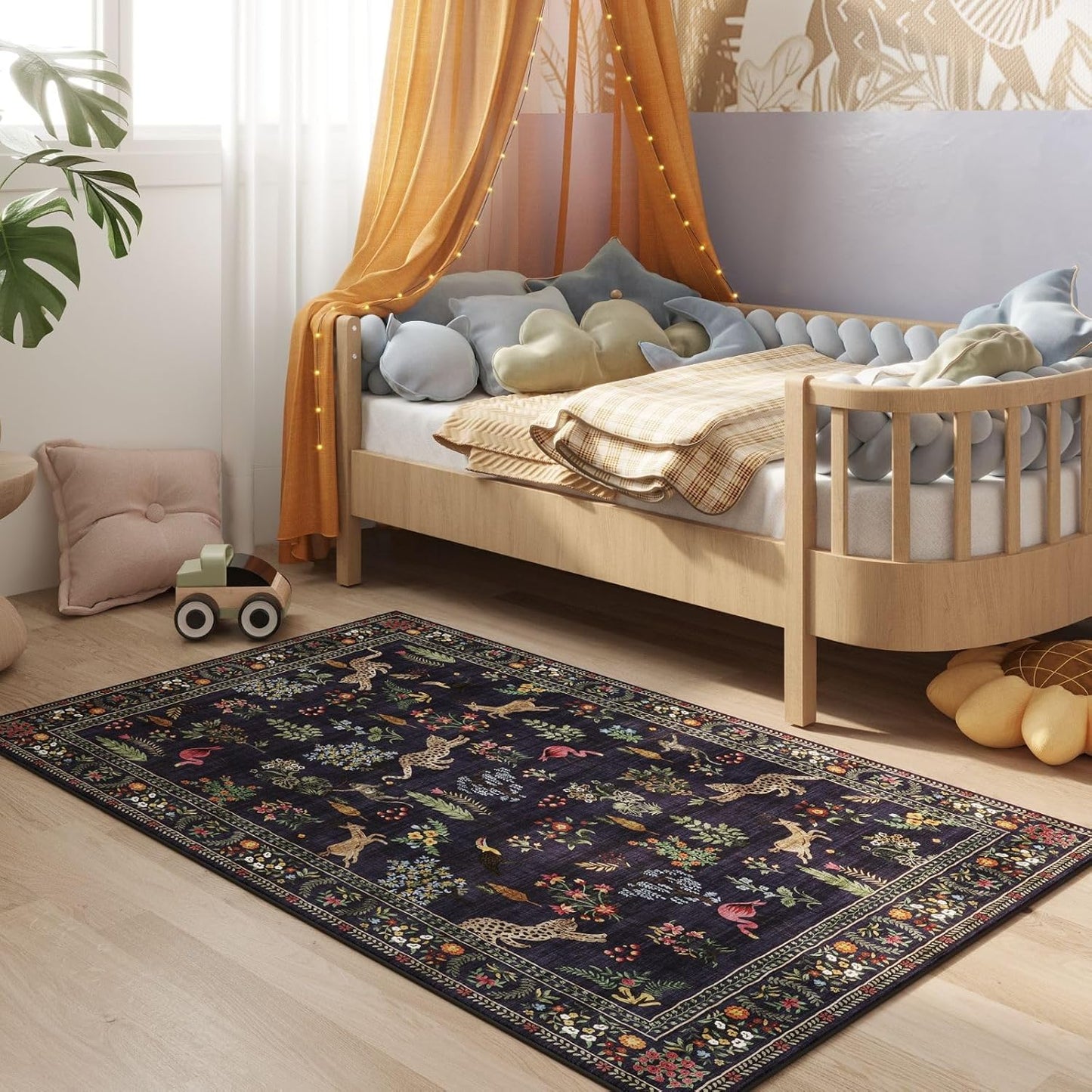 Rugcomf Area Rug 4x6 Rug Washable Boho Rugs Non Slip Low Pile Floral Animal Small Carpet for Bedroom, Bedside, Kids Room, Office, Dining Room (Blue)