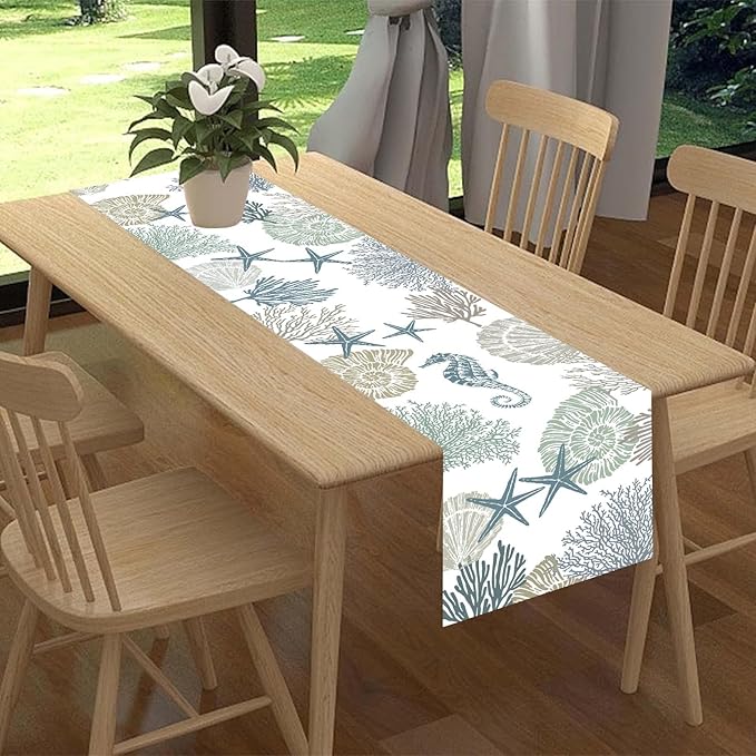 Coastal Table Runner, Summer Beach Starfish Seahorse Seashells Blue Coral Nautical Tropical Ocean Farmhouse Table Center Decor for Home Kitchen Dining Patio Indoor Outdoor Decorations, 13"x108" Inch