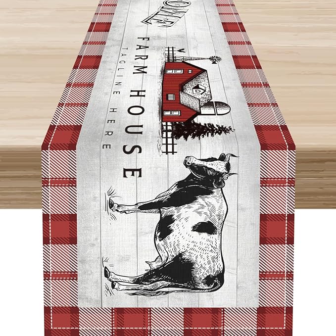 Farmhouse Cow Table Runner, Rustic Red Plaid Animals Buffalo Coffee Table Center Decor for Family Kitchen Dining Room and Living Room Outdoor Country Holiday Party Table Decorations, 13" X 90"