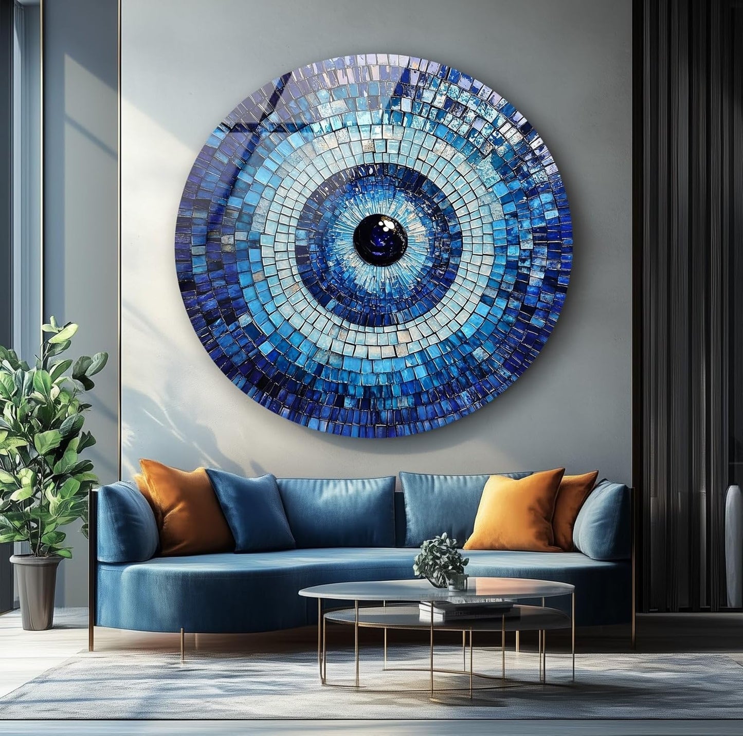 My Photostation.com 39,4''(100cm) Diameter Blue Mosaic Evil Eye Round Glass Wall Art Tempered Glass Printing Wall Decor Large Wall Art Wall Hangings