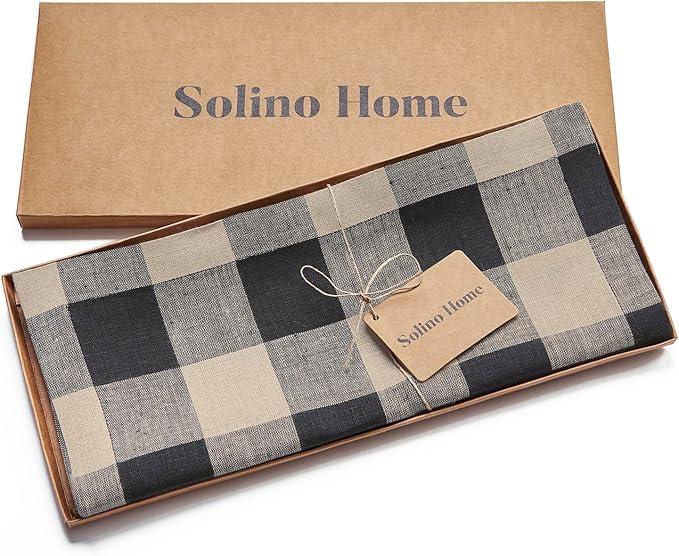 Solino Home Linen Checkered Table Runners 72 Inches Long - 100% Pure Linen Natural and Black Buffalo Check Table Runner 14 x 72 Inch Ideal for Dresser, Dining, Spring