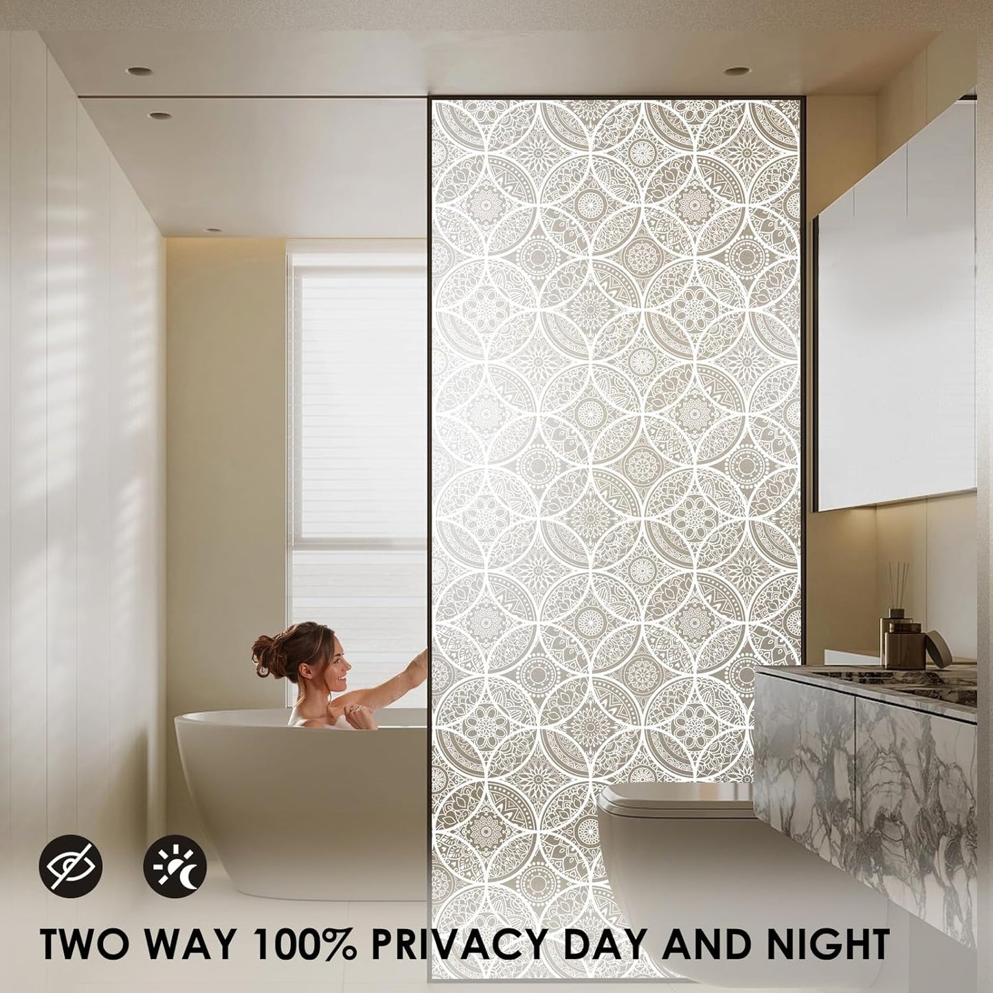 DKTIE Bohemian Decor Stained Glass Window Film with Installation Tools, Two-Way Window Privacy Film, Reduce Glare, Pure White, 17.7 x 118.1 Inch