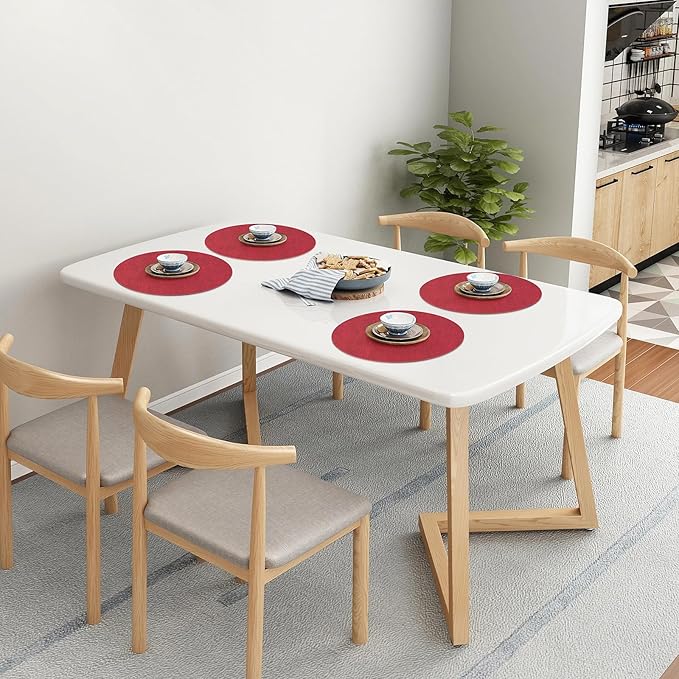 Homaxy Round Faux Leather Placemats and Coasters, Washable Dual-Side Table Mats, Wipeable Heat-Resistant Dining Place Mats for Outdoor and Indoor, Set of 8, Diameter 13 and 3.93 inch, Red