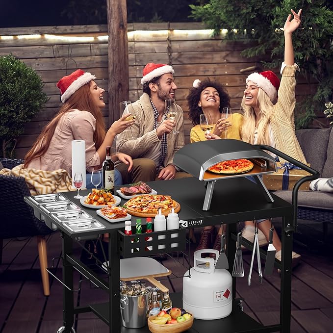 Leteuke Pizza Oven Table, Grill Cart Table for Blackstone Griddle, Outdoor Pizza Oven Stand Fits Ninja, Cuisinart, Gozney, Solo Stove, BBQ Prep Tables Station with Seasoning Tray, 47.2"x27.5"x35.8"
