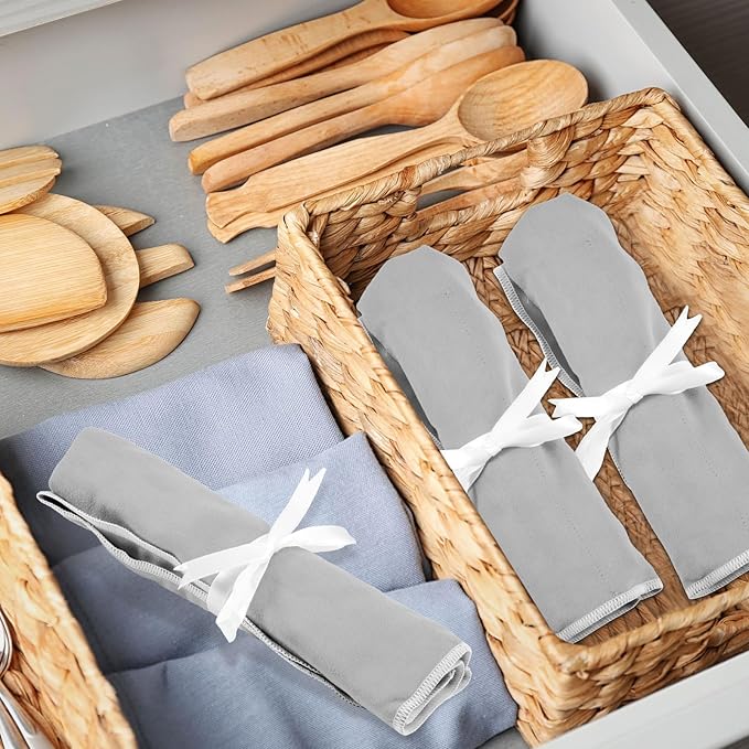 Hillban 6 Pcs Anti Tarnish Silver Storage Bags Silver Storage Cloth Felt Flatware Organizer Anti Tarnish Protector Bags Place Setting Roll with White Ribbon for Kitchen Cutlery (6 Slots,Grey)
