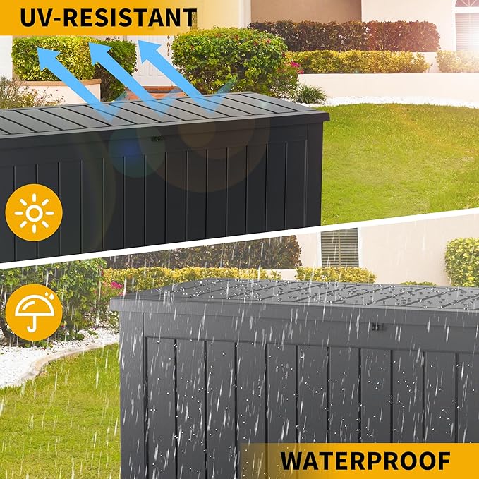 270 Gallon Resin Deck Box, Waterproof Outdoor Storage Box for Patio Furniture Cushions, Garden Tools, and Pool Accessories, Large Lockable UV-Resistant Storage Bin Bench Cabinet for Outside, Black
