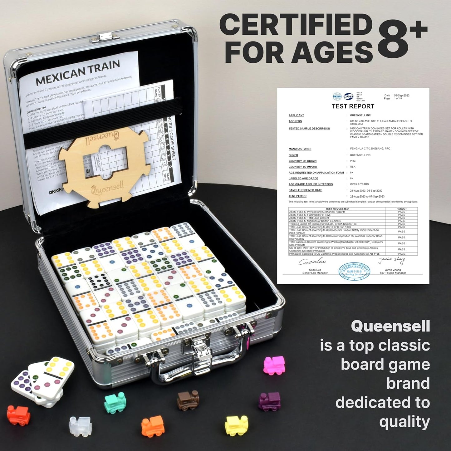 Queensell Mexican Train Dominoes Set with Wooden Hub, Domino Tile Board Games - Double 12 Dominos Set for Family Game Night for Adults and Kids Ages 8 and up (Double 12)