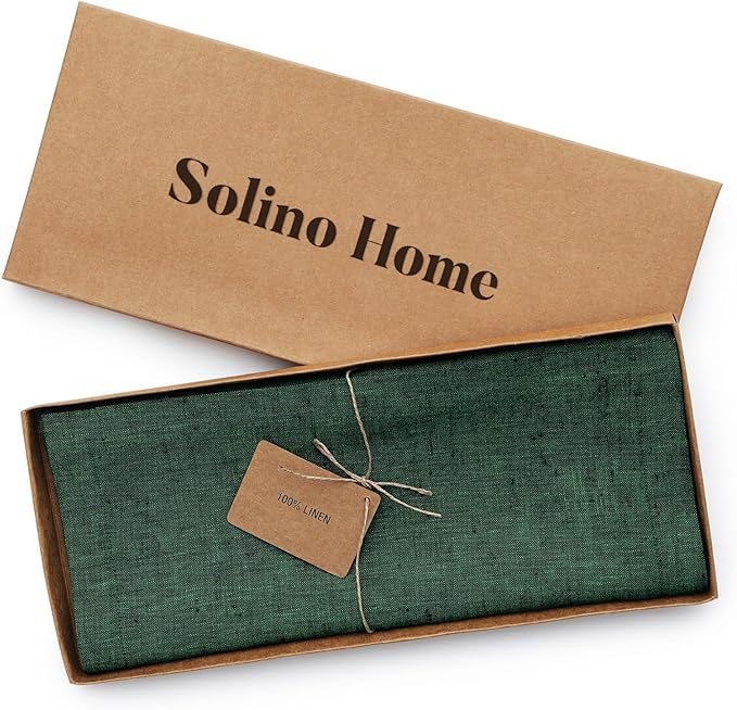 Solino Home Linen Table Runner 156 Inches Long - Athena, 100% Pure Linen Forest Green Table Runner 14 x 156 Inch for Dining, Easter, St Patricks Day