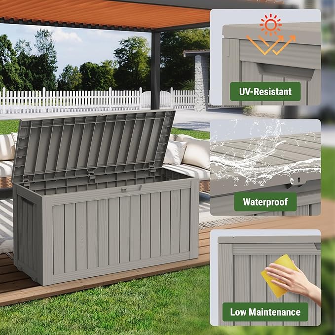 Mars Villa 72 Gallon Deck Box, Waterproof Weatherproof and UV Resistant Resin Storage Bin with Lockable Lid, Ideal for, Outdoor, Patio Furniture Cushions, Pool Supplies, Garden Tools, Greige