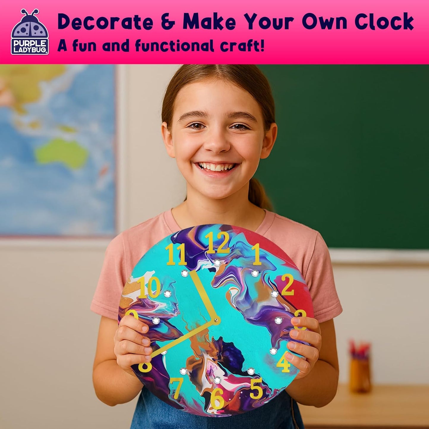Acrylic Pouring Paint DIY Clock Kit - Creative Kids Painting Kit - 6 7 8 9 10 11 12 Year Old Girl Gift Ideas, Birthday & Christmas Gifts for 6-12 Year Old Boys & Girls - Crafts for Kids 6-8 8-12
