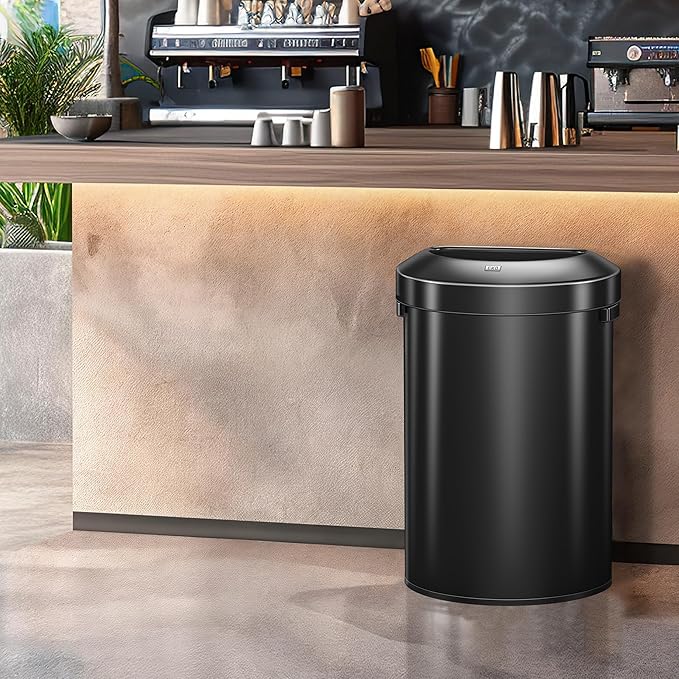 EKO Urban 21 Gallon Semi-Round Open Top Waste Bin, Stainless Steel Half Round Commercial Trash Can for Indoor and Outdoor, Extra Large Garbage Bin for Home, Office, Restaurant, 80L, Matte Black
