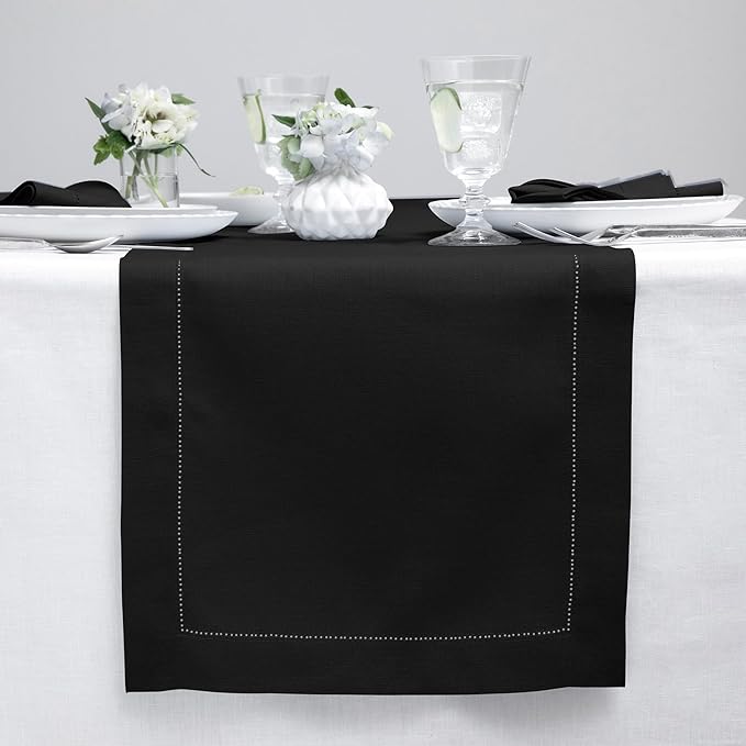 Solino Home Linen Black Table Runner 144 Inches Long - 100% Pure Linen Extra Long Table Runner 14 x 144 Inch for Spring, Easter - Classic Hemstitch