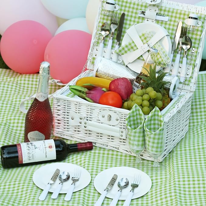 Neti Neti Wicker Picnic Basket for 4 with Insulated Cooler & Waterproof Blanket – Large Willow Picnic Hamper for Outdoor, Camping, Beach, Romantic Dates, Valentine’s Day