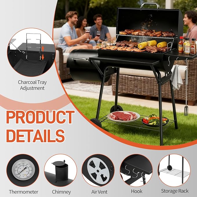 Outvita Charcoal Grill with Offset Smoker, Barrel Barbecue Smoker Grill with Spacious Cooking Area for BBQ, Backyard Patio Picnic Parties Camping, Black
