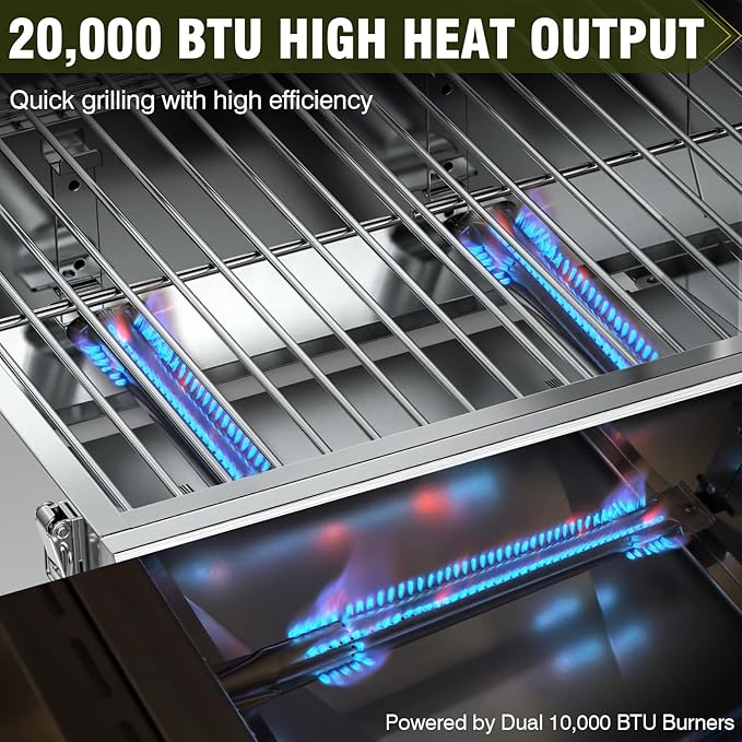 BESTFIRE Tabletop Gas Grill with 2 Burners & Viewing Glass Lid, 20,000 BTU Stainless Steel Portable BBQ Grill with Thermometer, Push-Button Ignition for Outdoor Patio, Camping, RV, Tailgating