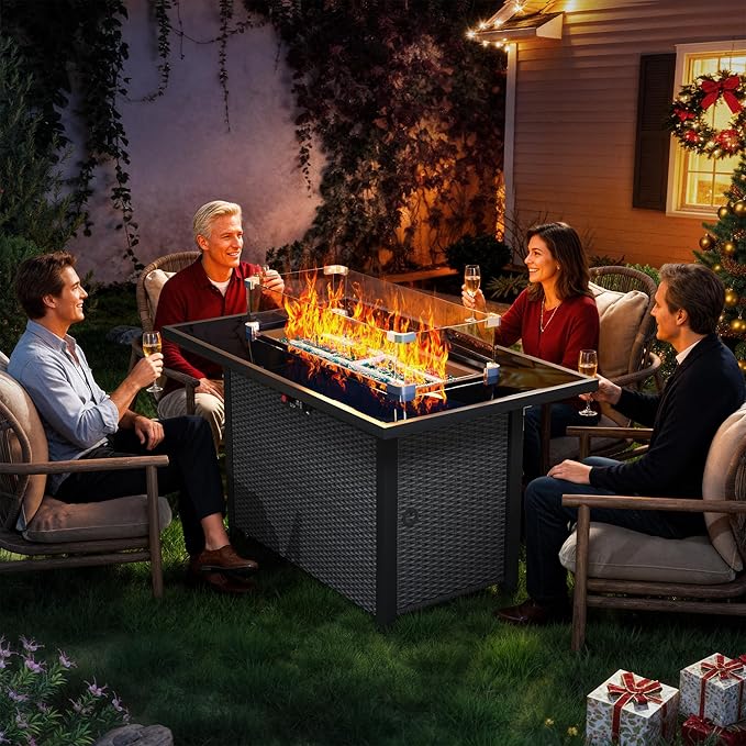 Propane Outdoor Fire Pit Table, 43" Rattan Rectangle Fire Pit Table, Outdoor Gas FirePit W/Glass Wind Guard, Tempered Glass Tabletop, Lid, CSA Listed, 60,000 BTU for Outside Patio Deck & Garden, Black