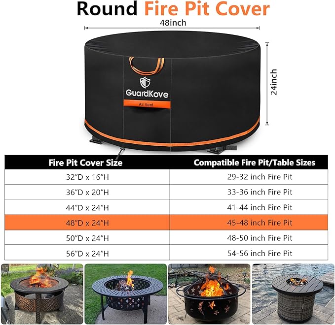 [Upgraded 1000D Heavy Duty Fabric] 48 Inch Fire Pit Cover Round for 46”- 48” Fire Pit/Tables, Waterproof Tear & Fade Resistant Firepit Cover with Buckle, Drawstring, Air Vent (48”D x 24”H, Black)