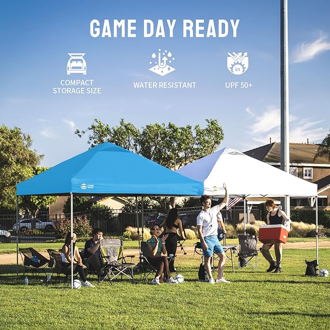 CROWN SHADES 8x8 Pop Up Canopy, Patented Center Lock One Push Instant Popup Outdoor Canopy Tent, Newly Designed Storage Bag, 8 Stakes, 4 Ropes, Silver-Coated Sky Blue
