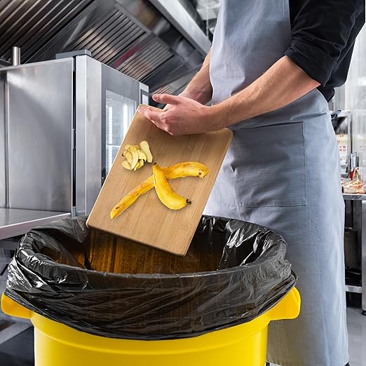 PRO&Family Commercial Round Trash Can with Lid and Dolly Rolling Waste Container, Ingredient Bin, Heavy-Duty Plastic, Anti-Static, Kitchen, Office, Outdoor Use (Yellow, 32 Gallon)