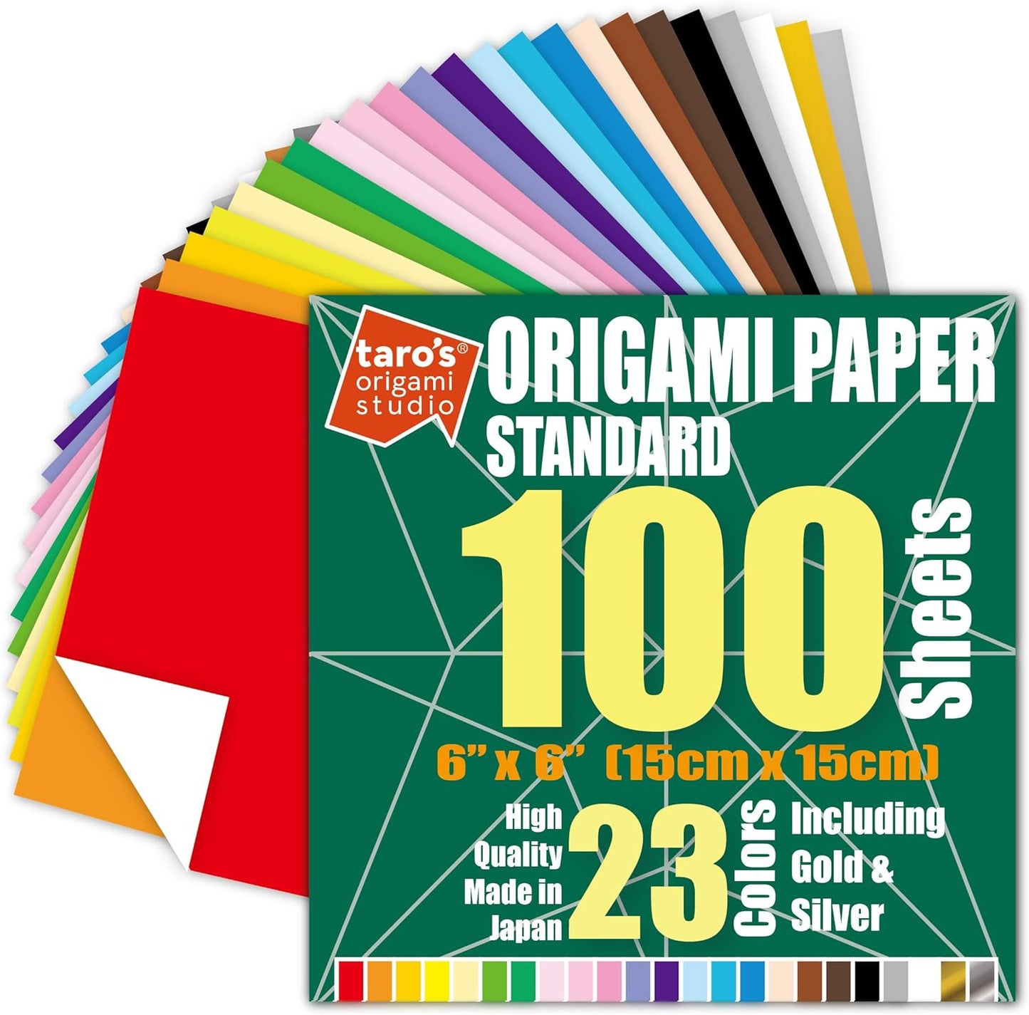 [Taro's Origami Studio] Standard 6 Inch One Sided 23 Colors 100 Sheets Square Easy Fold Premium Japanese Paper for Beginner (Gold and Silver Included)