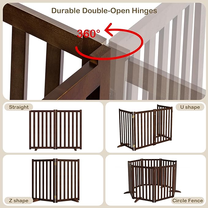 24" Height Tall Freestanding Pet Gate, Solid Wood Folding Safety Fence Wooden Dog Gate with 2 PCs Support Feet Ideal for Stairs, Doorways, Halls, Kitchens, Heavy Duty Gates, 2 Panels, Walnut