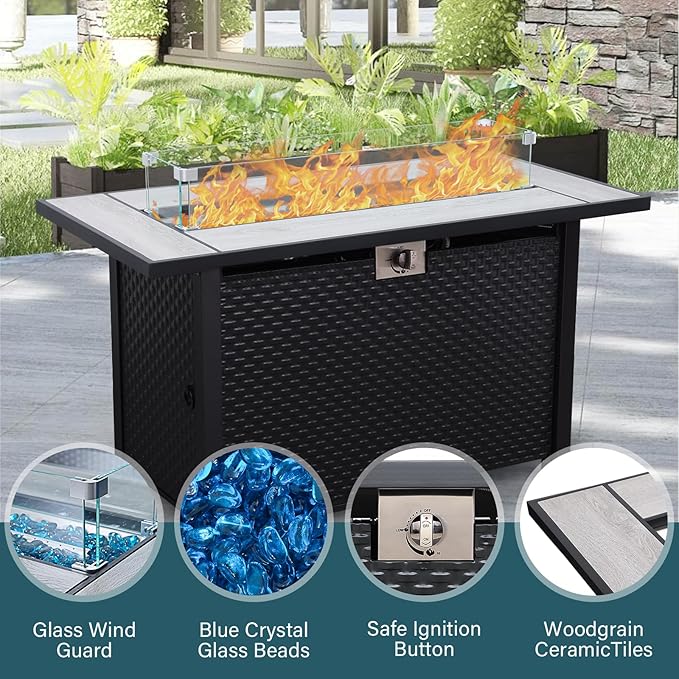 Patio Furniture Set 7 PCS Outdoor Patio Furniture with Propane Fire Pit Table Outdoor Couch Patio Chairs Outdoor Conversation Set with Peacock Blue Non-slip Cushions and Waterproof Covers