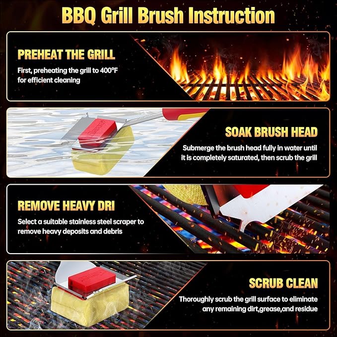 Grill Brush Bristle Free for Outdoor Grill, Steam Grill Cleaning Brush Replaceable BBQ Cleaner Brush Head,Extended Handle, Safe Grill Brush with Scraper for Cast Iron Stainless-Steel Grates,Red