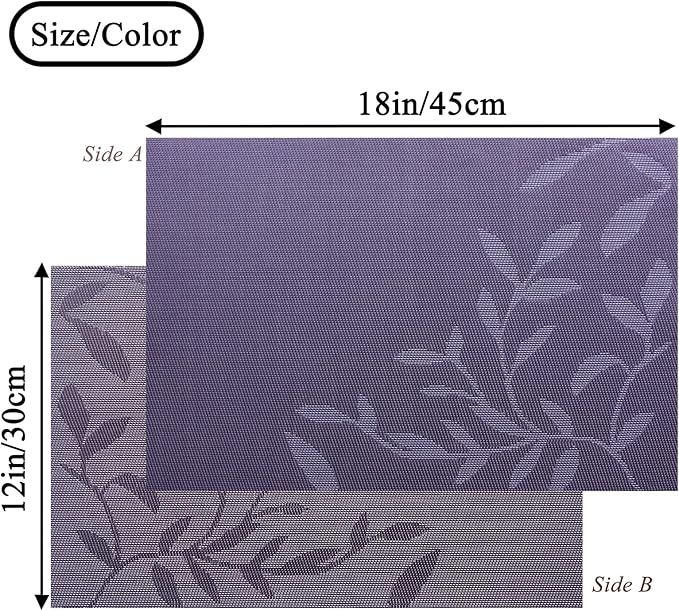 Leaf Placemats Set of 8, Non-Slip Heat-Resistant 18" x 12" Vinyl Washable Placemats for Kitchen Indoor Outdoor Party Birthdays Weddings Decoration (Purple)