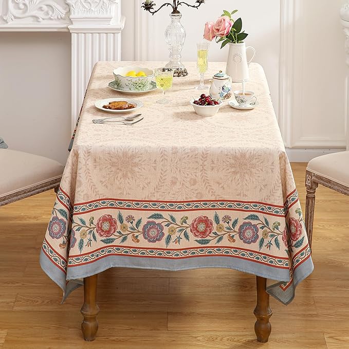 Beige Linen Small Square Tablecloth,Vintage Indian Style Soft and Colorfast Floral Tablecloths,Decor Table Cover for Kitchen,Dining,Party,Thanksgiving,Christmas,55"*55"-Flowershadow E