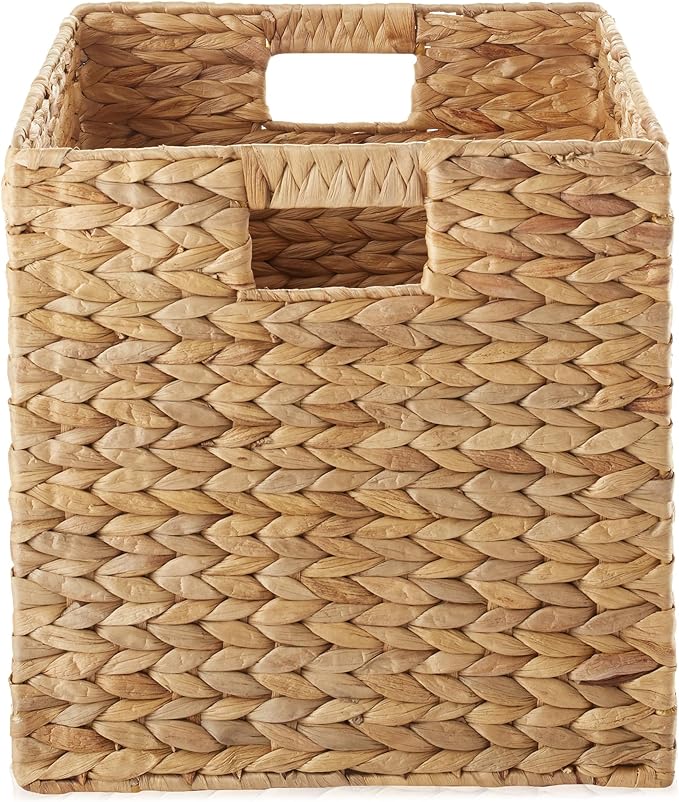 Casafield 13" x 13" Water Hyacinth Storage Baskets, Natural - Set of 2 Collapsible Cube Organizers, Woven Bins for Bathroom, Bedroom, Laundry, Pantry, Shelves