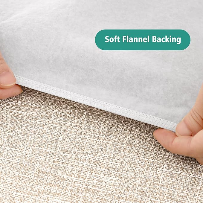 LUSHVIDA 6 Packs Vinyl Tablecloths with Flannel Backing for 6ft Rectangle Folding Table Cloths - Waterproof Plastic Picnic Table Covers with Elastic Corners, 30x72 inch, Natural Color