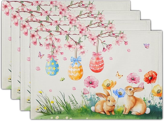 Giwawa Easter Placemats Set of 4 Spring Bunny Rabbits Flowers Place Mat 12x18 Inch Colorful Eggs Tree Floral Table Mats Washable Satin Resistance for Party Kitchen Dining Holiday Decor