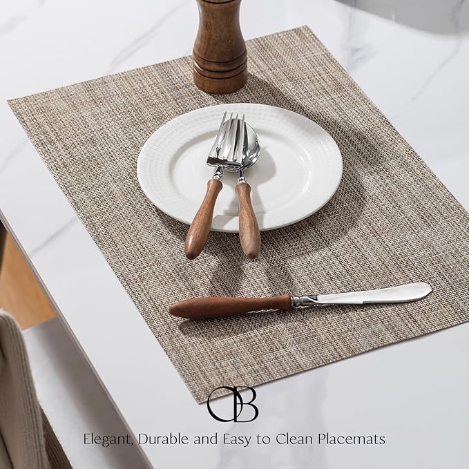 Placemats Set of 6 - Easy Clean Woven Vinyl Placemats for Dining Table, Indoor/Outdoor Place Mats, Washable PVC Table Mats（Caramel）