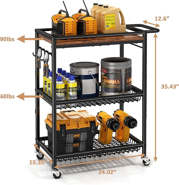 Microwave Kitchen Cart with Push Handle, 3 Tier Rolling Cart with 2 Lockable Wheels, Vintage Kitchen Storage Cart with 210Lbs Capacity for Kitchen Island, Restaurant, Coffee Bar, Living Room, Office