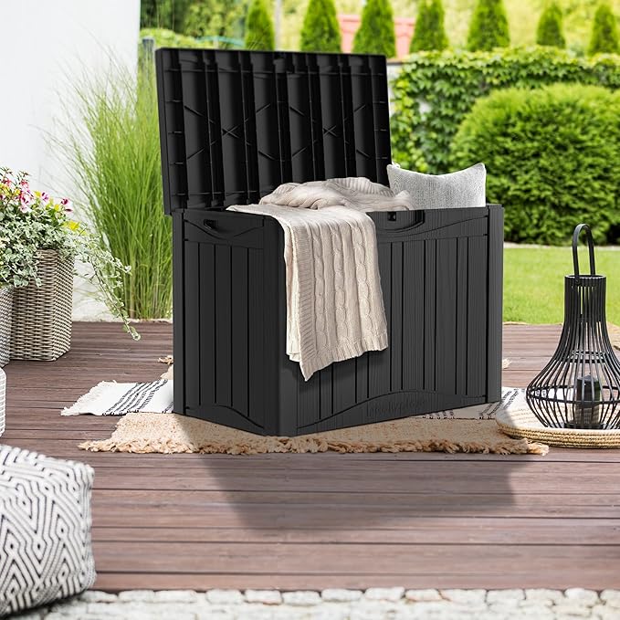 50 Gallon Plus Resin Deck Box, Waterproof Outdoor Storage Box for Patio, Poolside, and Garden, Lockable UV-Resistant Storage Bin Bench Cabinet for Small Spaces, Black