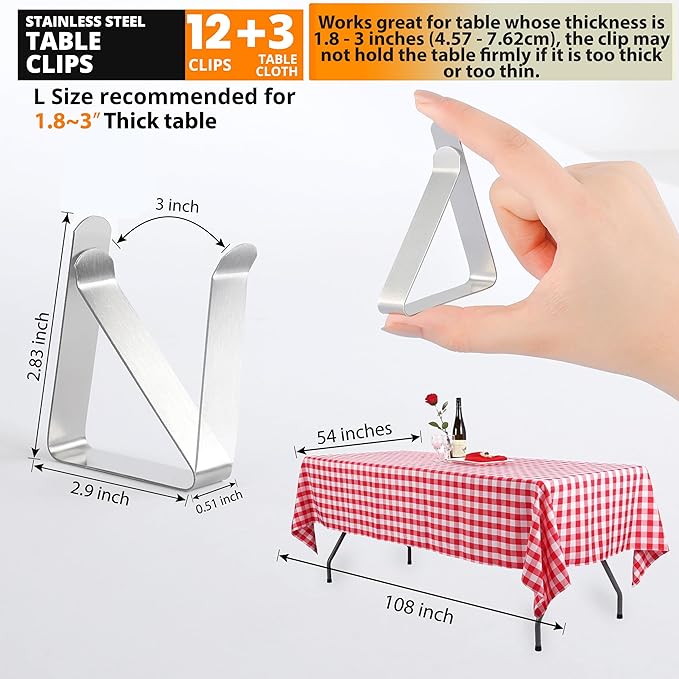 12 Pack Large Tablecloth Clips with 3 Tablecloths - Stainless Steel, Heavy Duty Table Clips for Home, Restaurants, Picnic, Party, Dining Tables - Fits Up to 1.8~3 Inch Thick Tables