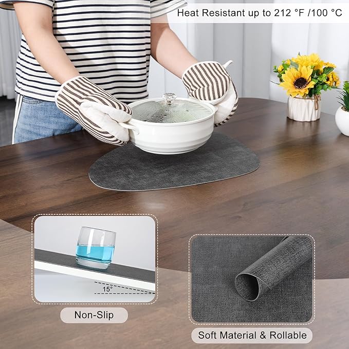 Placemats and Coasters, Washable Reversible Placemats Round Faux Leather Wipeable Place Mats Non Slip Heat Resistant Indoor Outdoor Table Mats (Set of 6, Gray)