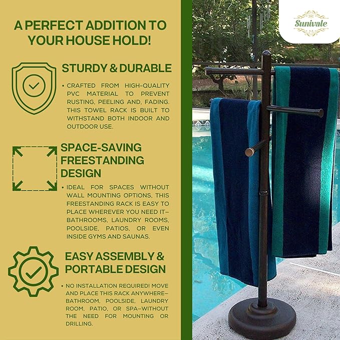 Portable Pool Towel Rack – Rustproof PVC Bars Portable Outdoor Towel Drying Rack in Bronze – Ideal Outdoor Drying Stand for Pool Towels, Beach Towels & Wet Swimwear