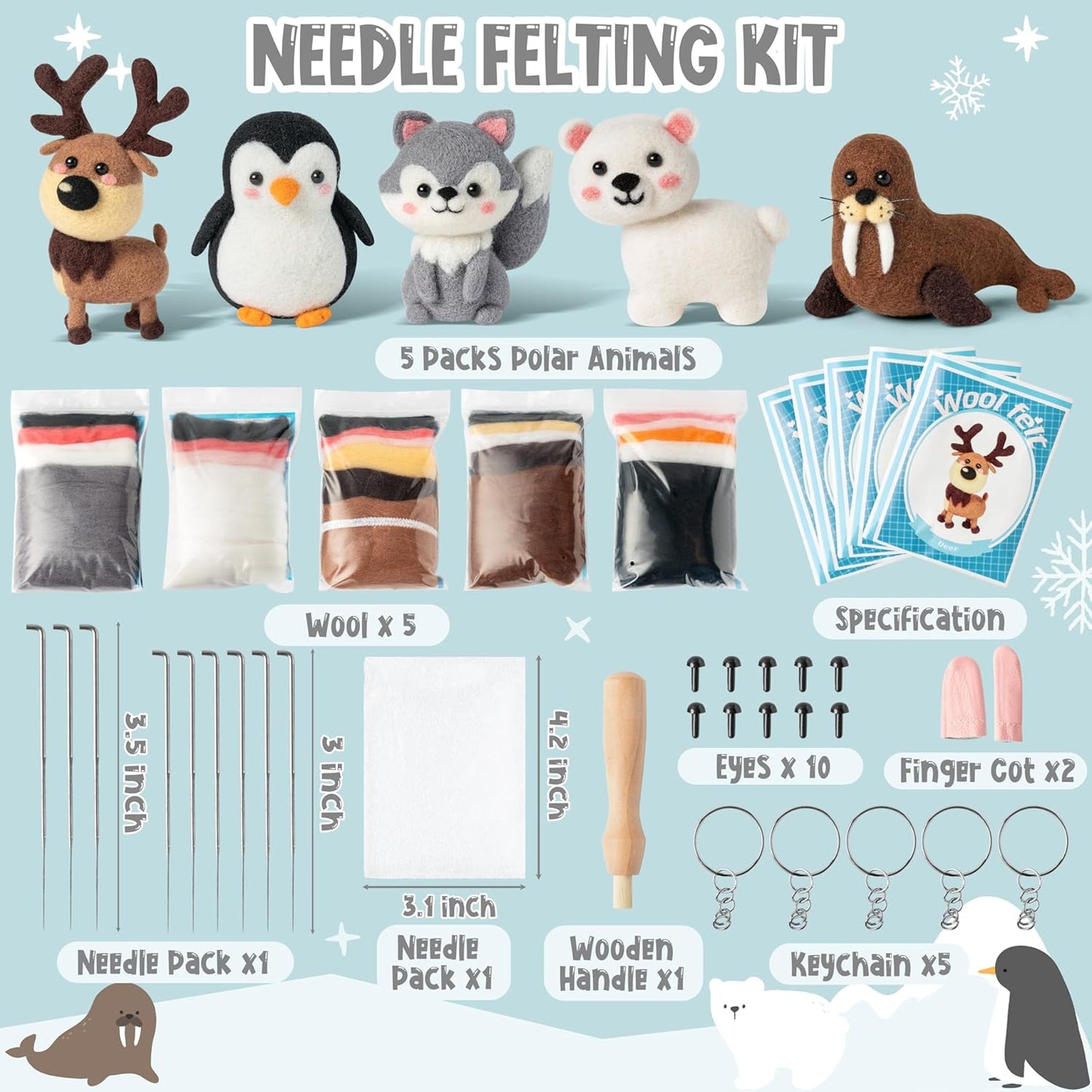 WATINC Needle Felting Kit - 5 Set Unique Different Cute Doll Wool Felt Needle Tools Foam Pad Instruction, DIY Home Decoration Craft Party Supplies for Art Work Starter Beginners (Polar Animal)