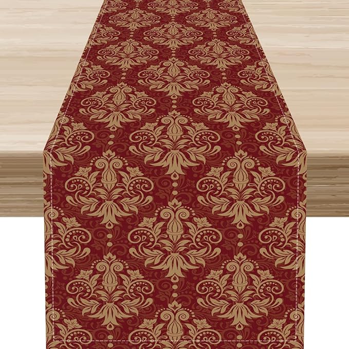 Red Damask Table Runner, Rustic Gothic Baroque Style Floral Boho Flower Antique Coffee Vintage Retro Table Center Decor for Kitchen and Dining Outdoor Home Country Party Table Decorations, 13"x90"