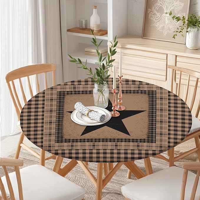 Western Texas Star Round Fitted Tablecloth with Elastic Vintage Black Brown Plaid Circle Table Cover for 36-40" Round Tables Stretch Waterproof Rustic Country Table Cloth for Kitchen Dining Patio