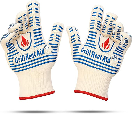 GRILL HEAT AID BBQ Grill Gloves 1472°F - Extreme Heat Resistant Oven Mitts for Grilling, Smoker & Fire Pit with Silicone Grip & EN407 Cut Resistance - Short Cuff, White & Blue
