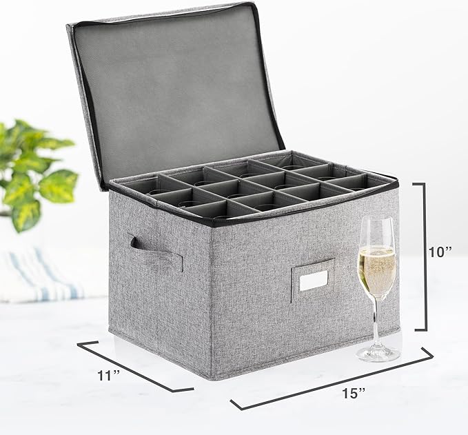 Champagne Flute Storage Box - Hard Shell China Storage Holds 12 Stemware Glasses - Protects Flutes, Crystal Glass, Wine Glasses and Fine China - Stackable - Fully Padded Inside